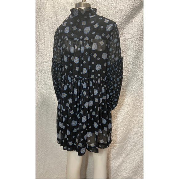 Free People Turn Turn Black Blue Medallion Boho Mini Dress Ruffle Mock Neck XS - Picture 9 of 13